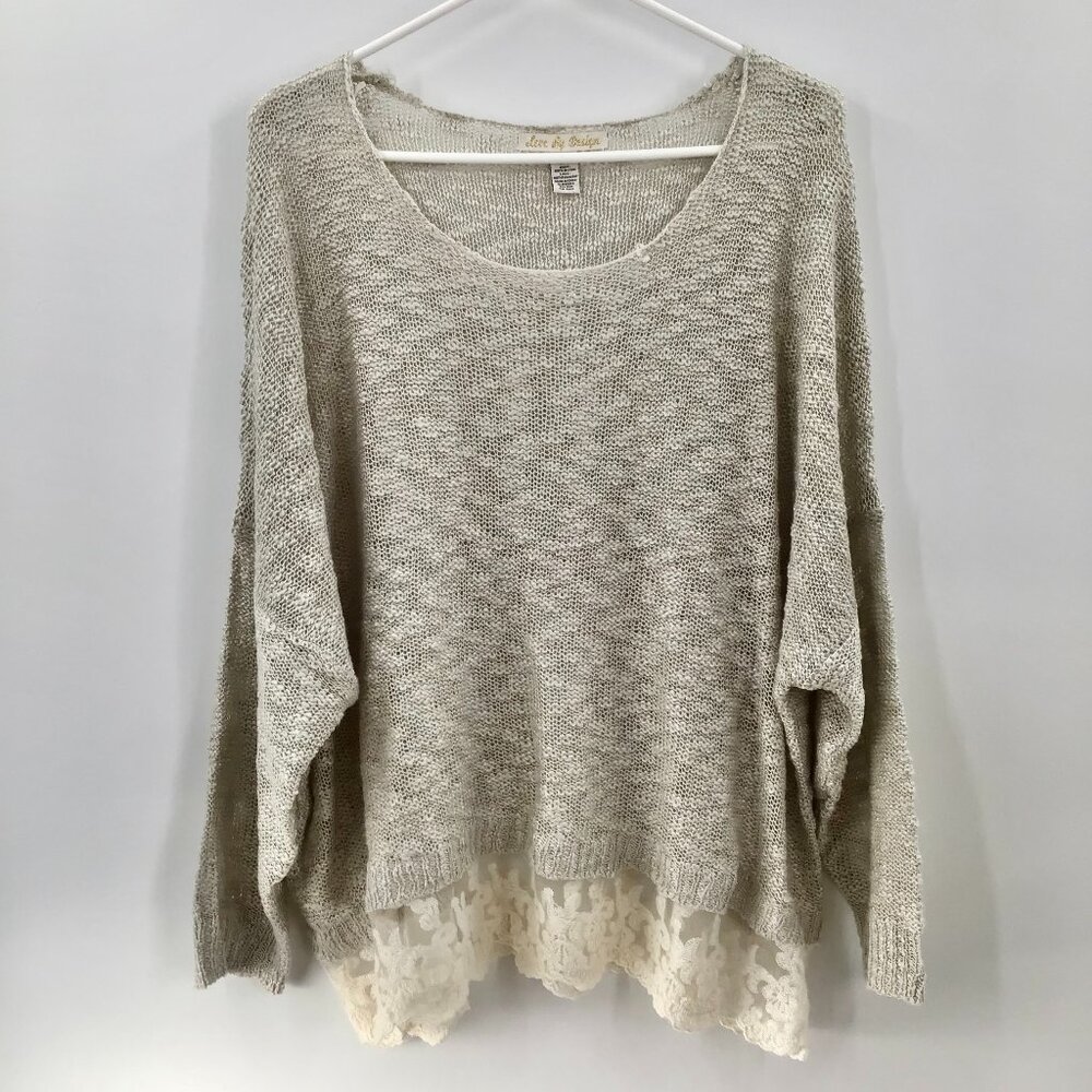 Romantic 2X Love By Design Sweater Lagenlook Drop Shoulder Lace Griege Knit Boho